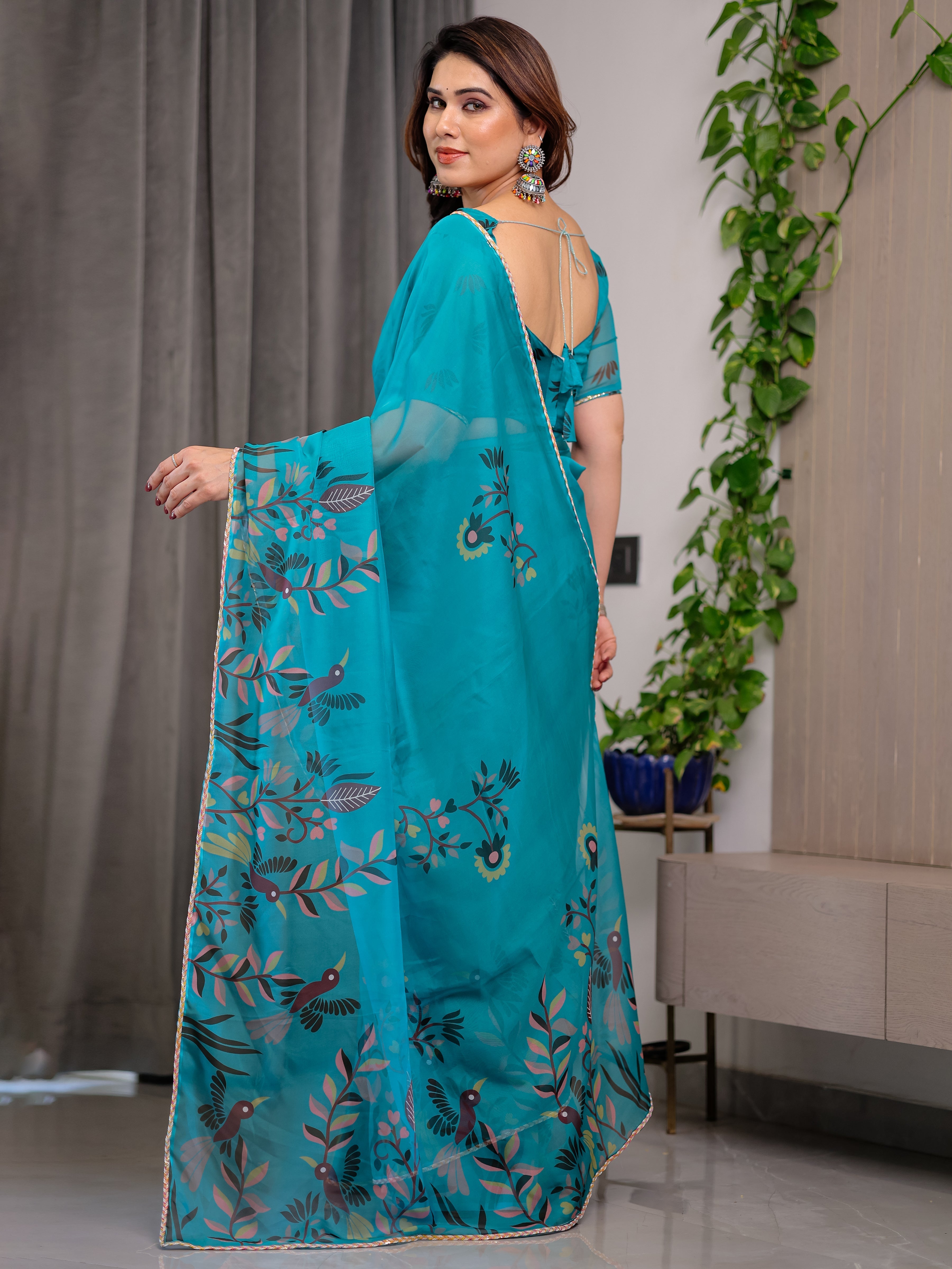 Teal Green Printed Organza Saree with Floral & Bird Motifs and Multicolour Lace Border | Designer Lightweight Organza Saree with Attached Blouse Piece | Elegant Festive & Party Wear Saree