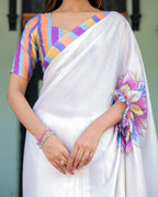 White Satin Georgette Designer Saree with Lotus Mandala Prints & Multicolor Striped Blouse | Handsfree Pallu Loop