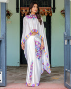 White Satin Georgette Designer Saree with Lotus Mandala Prints & Multicolor Striped Blouse | Handsfree Pallu Loop