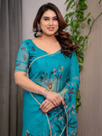 Teal Green Printed Organza Saree with Floral & Bird Motifs and Multicolour Lace Border | Designer Lightweight Organza Saree with Attached Blouse Piece | Elegant Festive & Party Wear Saree