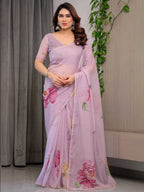 Dusty Rose Pink Floral Printed Organza Saree with Watercolour Rose Motifs | Designer Lightweight Sheer Organza Saree with Attached Blouse | Elegant Festive & Party Wear Saree