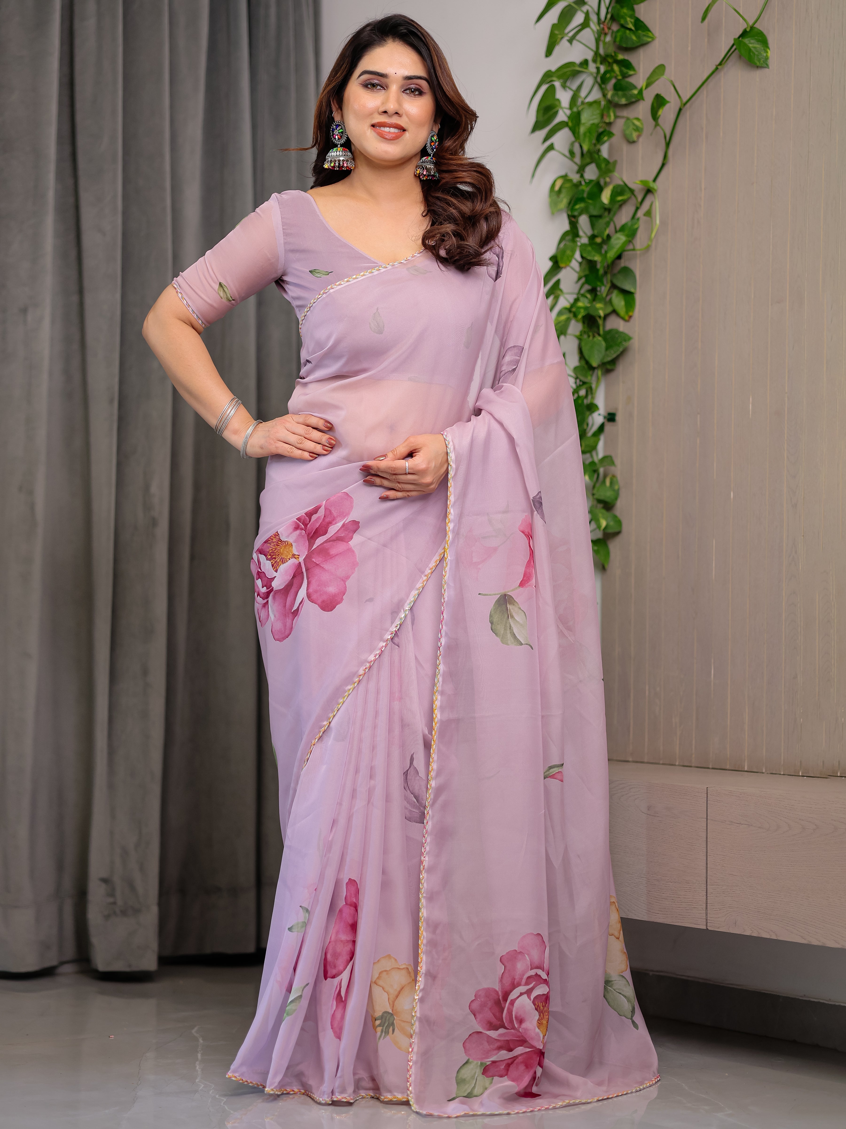 Dusty Rose Pink Floral Printed Organza Saree with Watercolour Rose Motifs | Designer Lightweight Sheer Organza Saree with Attached Blouse | Elegant Festive & Party Wear Saree