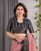 Blush Pink Handloom Linen Saree with Artistic Bearded Face Pallu Print & Black Zari Border | Attached Blouse | 5.5m Saree + 0.8m Blouse