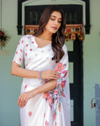 White Satin Georgette Saree with Multicolor Floral Print & Matching Blouse | Handsfree Pallu Loop | Lightweight Designer Saree