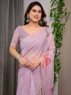 Dusty Rose Pink Floral Printed Organza Saree with Watercolour Rose Motifs | Designer Lightweight Sheer Organza Saree with Attached Blouse | Elegant Festive & Party Wear Saree