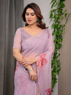 Dusty Rose Pink Floral Printed Organza Saree with Watercolour Rose Motifs | Designer Lightweight Sheer Organza Saree with Attached Blouse | Elegant Festive & Party Wear Saree
