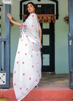 White Satin Georgette Saree with Multicolor Floral Print & Matching Blouse | Handsfree Pallu Loop | Lightweight Designer Saree