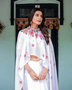 White Satin Georgette Saree with Multicolor Floral Print & Matching Blouse | Handsfree Pallu Loop | Lightweight Designer Saree