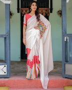 Beige Pink Satin Georgette Saree with Multicolor Flame Mandala Pallu & Red Polka Dot Blouse | Handsfree Pallu Loop Design