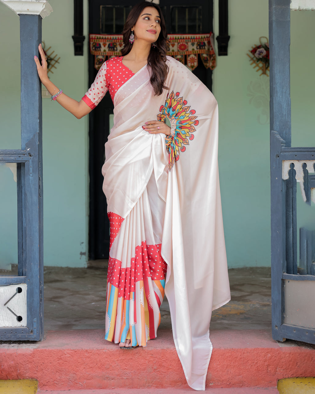 Beige Pink Satin Georgette Saree with Multicolor Flame Mandala Pallu & Red Polka Dot Blouse | Handsfree Pallu Loop Design