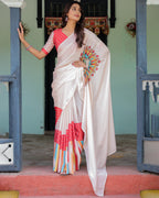 Beige Pink Satin Georgette Saree with Multicolor Flame Mandala Pallu & Red Polka Dot Blouse | Handsfree Pallu Loop Design