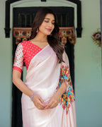 Beige Pink Satin Georgette Saree with Multicolor Flame Mandala Pallu & Red Polka Dot Blouse | Handsfree Pallu Loop Design