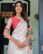 Beige Pink Satin Georgette Saree with Multicolor Flame Mandala Pallu & Red Polka Dot Blouse | Handsfree Pallu Loop Design