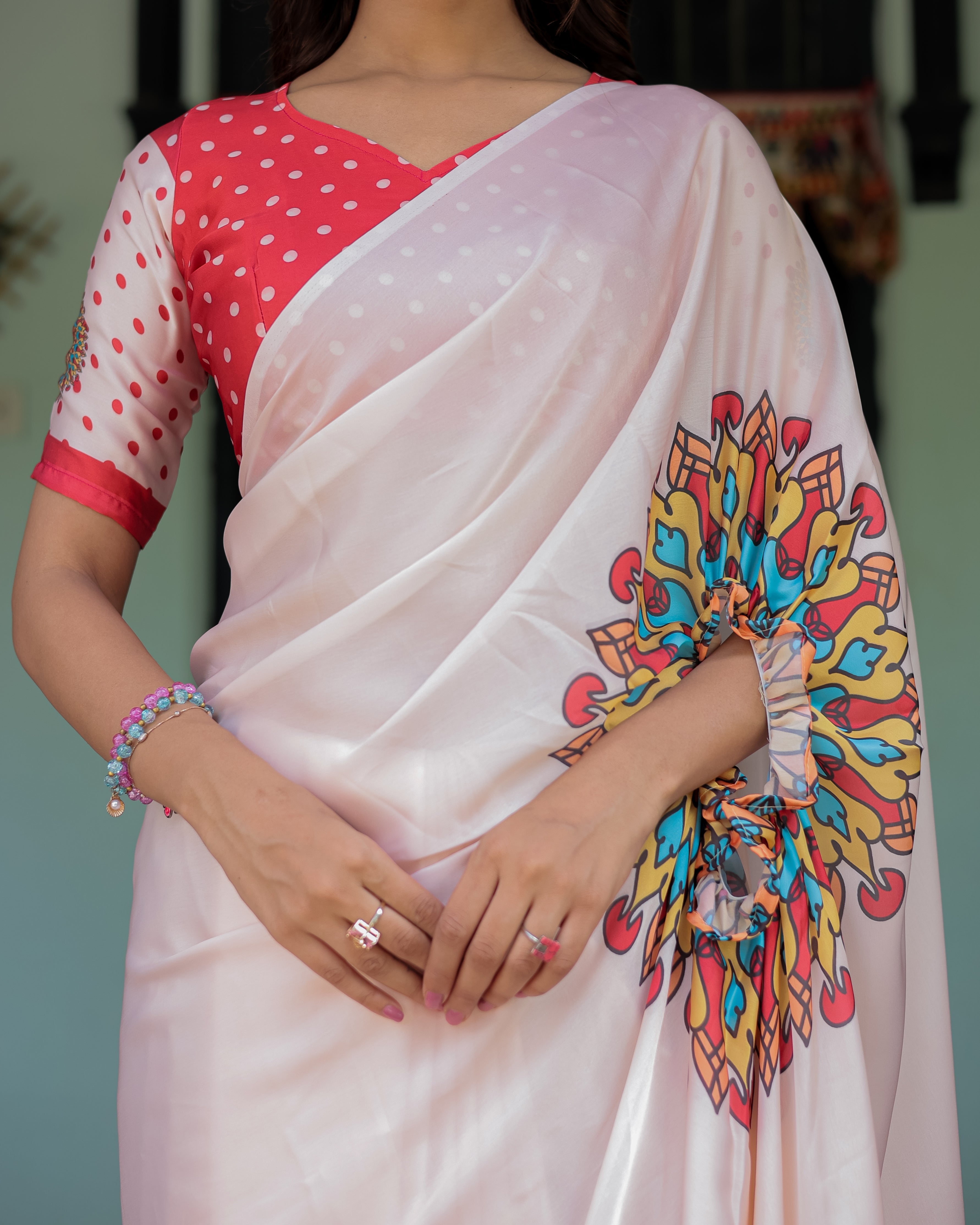 Beige Pink Satin Georgette Saree with Multicolor Flame Mandala Pallu & Red Polka Dot Blouse | Handsfree Pallu Loop Design