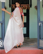 Beige Pink Satin Georgette Saree with Multicolor Flame Mandala Pallu & Red Polka Dot Blouse | Handsfree Pallu Loop Design