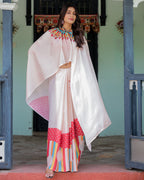 Beige Pink Satin Georgette Saree with Multicolor Flame Mandala Pallu & Red Polka Dot Blouse | Handsfree Pallu Loop Design