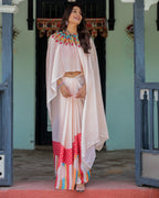 Beige Pink Satin Georgette Saree with Multicolor Flame Mandala Pallu & Red Polka Dot Blouse | Handsfree Pallu Loop Design