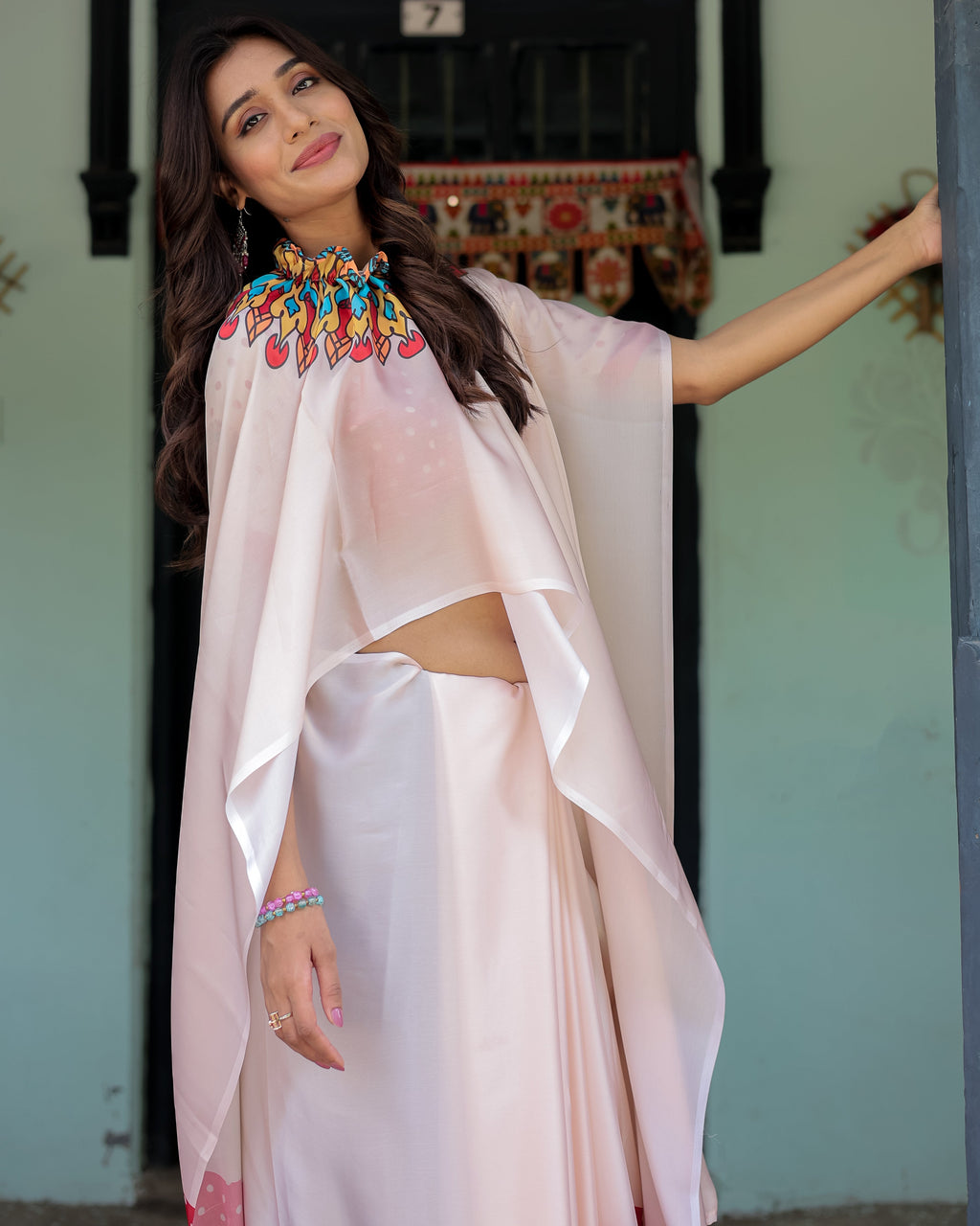 Beige Pink Satin Georgette Saree with Multicolor Flame Mandala Pallu & Red Polka Dot Blouse | Handsfree Pallu Loop Design