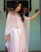 Beige Pink Satin Georgette Saree with Multicolor Flame Mandala Pallu & Red Polka Dot Blouse | Handsfree Pallu Loop Design