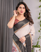 Ivory Handloom Linen Saree with Elephant Parade Print, Tree Motifs & Antique Zari Border | Tassel Finish | Attached Blouse | 5.5m Saree + 0.8m Blouse