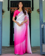 White & Pink Ombré Satin Georgette Saree with Bold Leaf Mandala Pallu & Hot Pink Blouse | Handsfree Pallu Loop