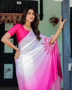 White & Pink Ombré Satin Georgette Saree with Bold Leaf Mandala Pallu & Hot Pink Blouse | Handsfree Pallu Loop