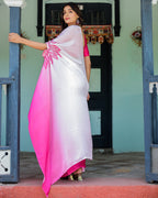 White & Pink Ombré Satin Georgette Saree with Bold Leaf Mandala Pallu & Hot Pink Blouse | Handsfree Pallu Loop