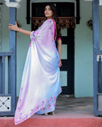 Pastel White Satin Georgette Saree with Purple Rose Floral Print & Rani Pink Blouse | Handsfree Pallu Design