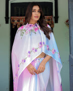 Pastel White Satin Georgette Saree with Purple Rose Floral Print & Rani Pink Blouse | Handsfree Pallu Design