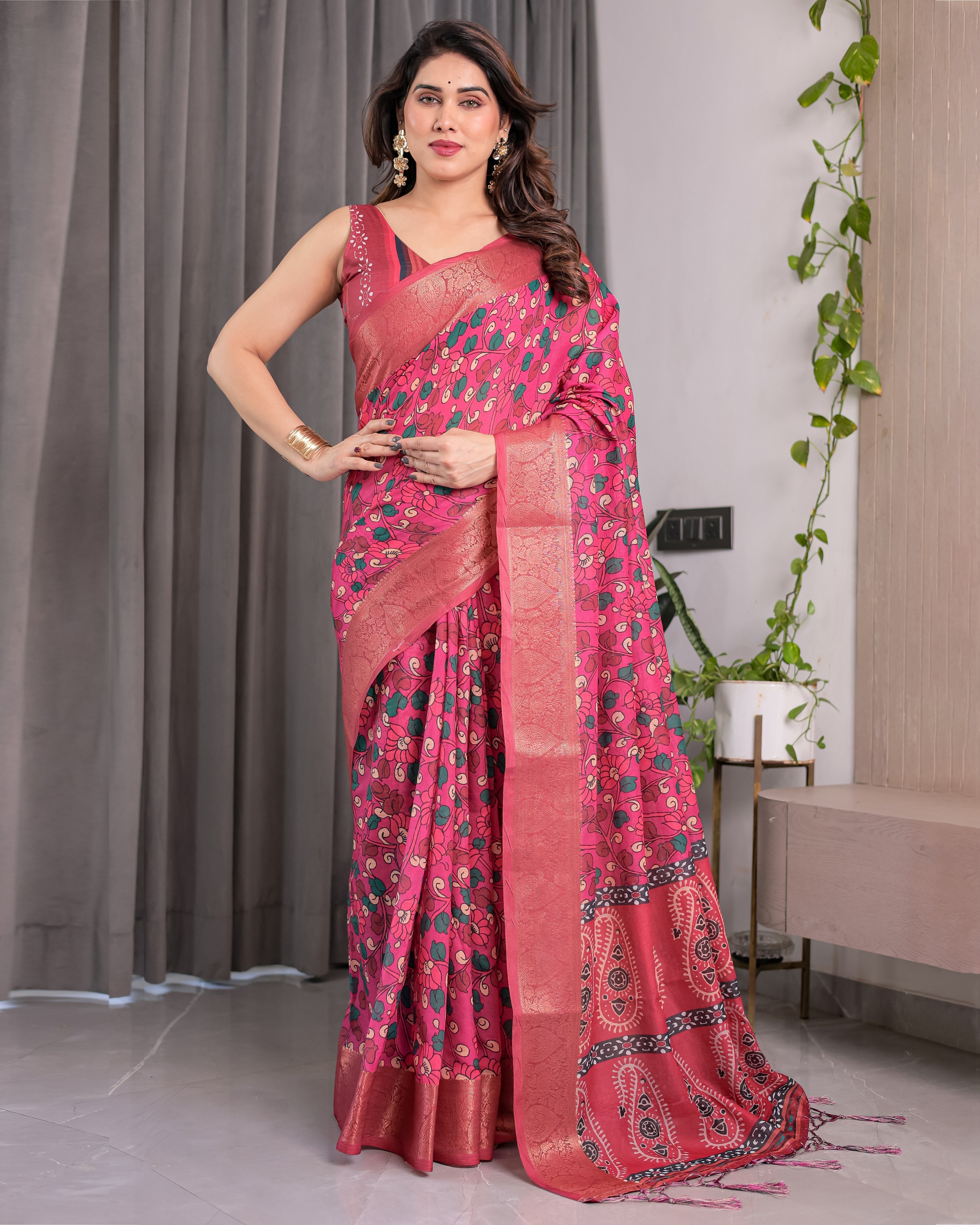 Rani Pink Handloom Linen Saree with Floral Vine Print & Paisley Pallu | Gold Zari Border & Tassel Detailing | Attached Blouse | 5.5m Saree + 0.8m Blouse