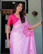 Elegant Baby Pink Satin Feel Saree with Mandala Print & Hot Pink Blouse – Designer Partywear Saree with Attached Blouse Piece