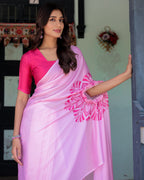 Elegant Baby Pink Satin Feel Saree with Mandala Print & Hot Pink Blouse – Designer Partywear Saree with Attached Blouse Piece