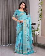 Turquoise Blue Handloom Linen Saree with Floral Digital Print & Golden Zari Border | Tassel Detailing | Attached Blouse | 5.5m Saree + 0.8m Blouse