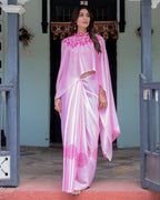 Elegant Baby Pink Satin Feel Saree with Mandala Print & Hot Pink Blouse – Designer Partywear Saree with Attached Blouse Piece