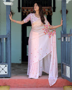 Peach Pink Satin Georgette Designer Saree with Tulip Mandala Artwork & Printed Blouse | Handsfree Pallu Loop
