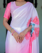 Blush Pink & White Ombre Designer Freehand Saree with Lotus Motifs | Soft Satin Georgette | Handsfree Pallu Feature