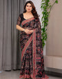 Black Designer Floral Printed Organza Saree with Traditional Paisley Border | Lightweight Sheer Organza Saree with Ethnic Motifs & Attached Blouse Piece | Festive & Party Wear Saree