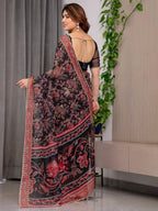 Black Designer Floral Printed Organza Saree with Traditional Paisley Border | Lightweight Sheer Organza Saree with Ethnic Motifs & Attached Blouse Piece | Festive & Party Wear Saree