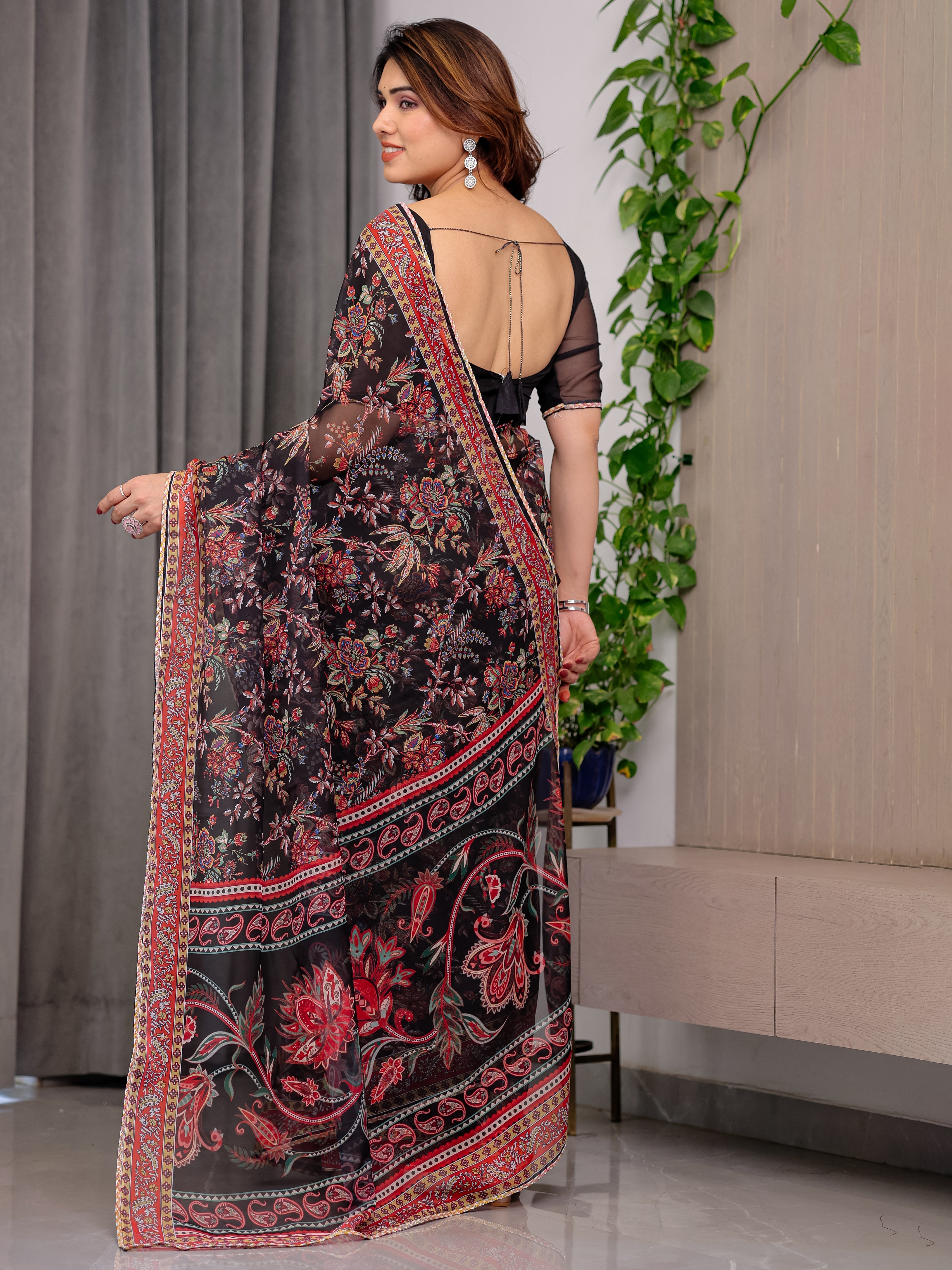 Black Designer Floral Printed Organza Saree with Traditional Paisley Border | Lightweight Sheer Organza Saree with Ethnic Motifs & Attached Blouse Piece | Festive & Party Wear Saree