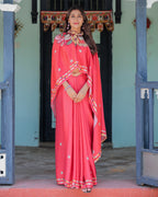 Coral Pink Satin Georgette Saree with Floral Mandala Print & Checked Striped Blouse | Designer Handsfree Pallu Loop