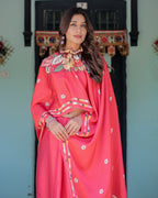 Coral Pink Satin Georgette Saree with Floral Mandala Print & Checked Striped Blouse | Designer Handsfree Pallu Loop