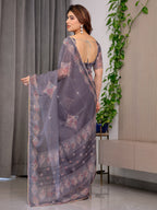 Smoky Grey Printed Organza Saree with Ethnic Motifs & Multicolour Lace Border | Designer Lightweight Organza Saree with Attached Blouse Piece | Elegant Festive & Party Wear Saree