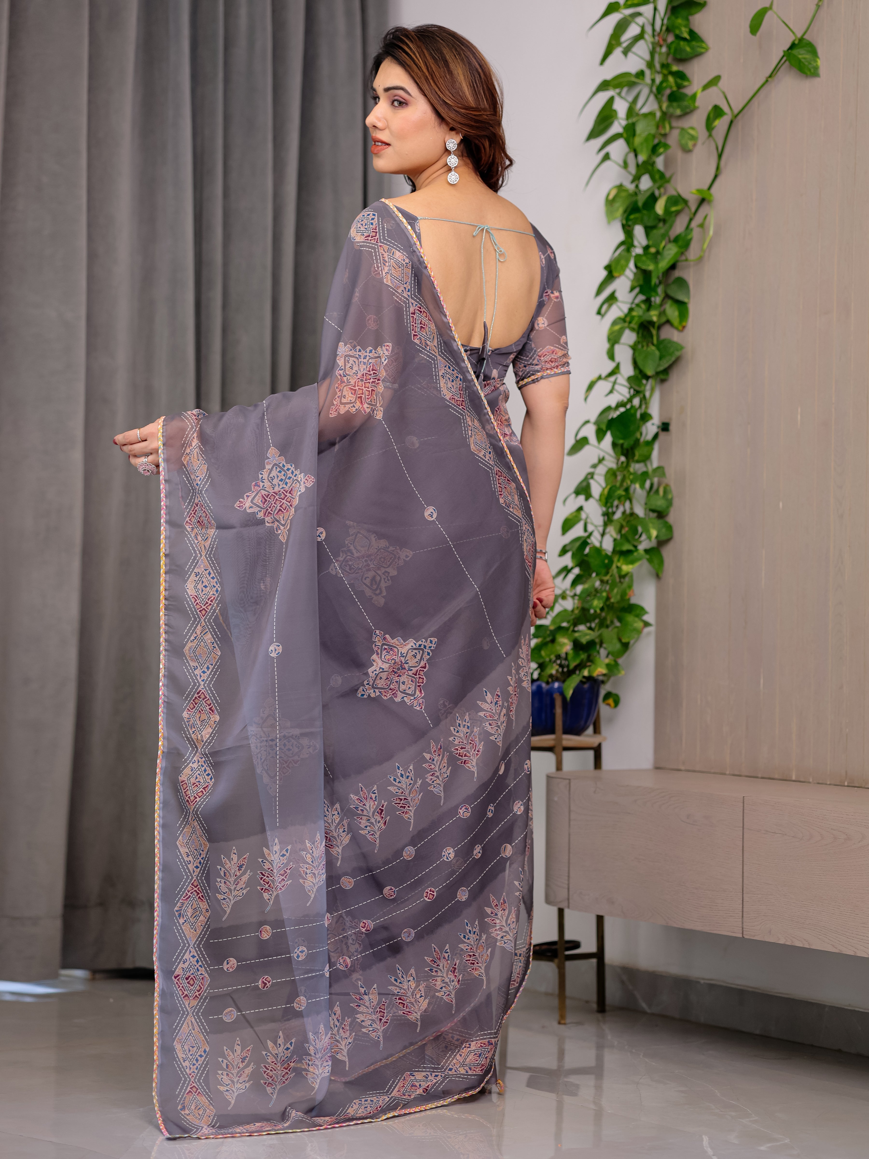 Smoky Grey Printed Organza Saree with Ethnic Motifs & Multicolour Lace Border | Designer Lightweight Organza Saree with Attached Blouse Piece | Elegant Festive & Party Wear Saree
