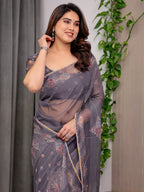 Smoky Grey Printed Organza Saree with Ethnic Motifs & Multicolour Lace Border | Designer Lightweight Organza Saree with Attached Blouse Piece | Elegant Festive & Party Wear Saree