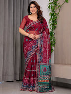 Wine Red Designer Printed Organza Saree with Multicolor Ethnic Paisley Border | Lightweight Floral Printed Party Wear Saree with Attached Blouse Piece | Festive & Wedding Wear Saree