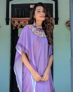 Lavender Purple Satin Georgette Saree with Earthy Mandala Print & Printed Pleats | Handsfree Loop Drape