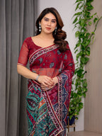 Wine Red Designer Printed Organza Saree with Multicolor Ethnic Paisley Border | Lightweight Floral Printed Party Wear Saree with Attached Blouse Piece | Festive & Wedding Wear Saree