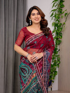 Wine Red Designer Printed Organza Saree with Multicolor Ethnic Paisley Border | Lightweight Floral Printed Party Wear Saree with Attached Blouse Piece | Festive & Wedding Wear Saree