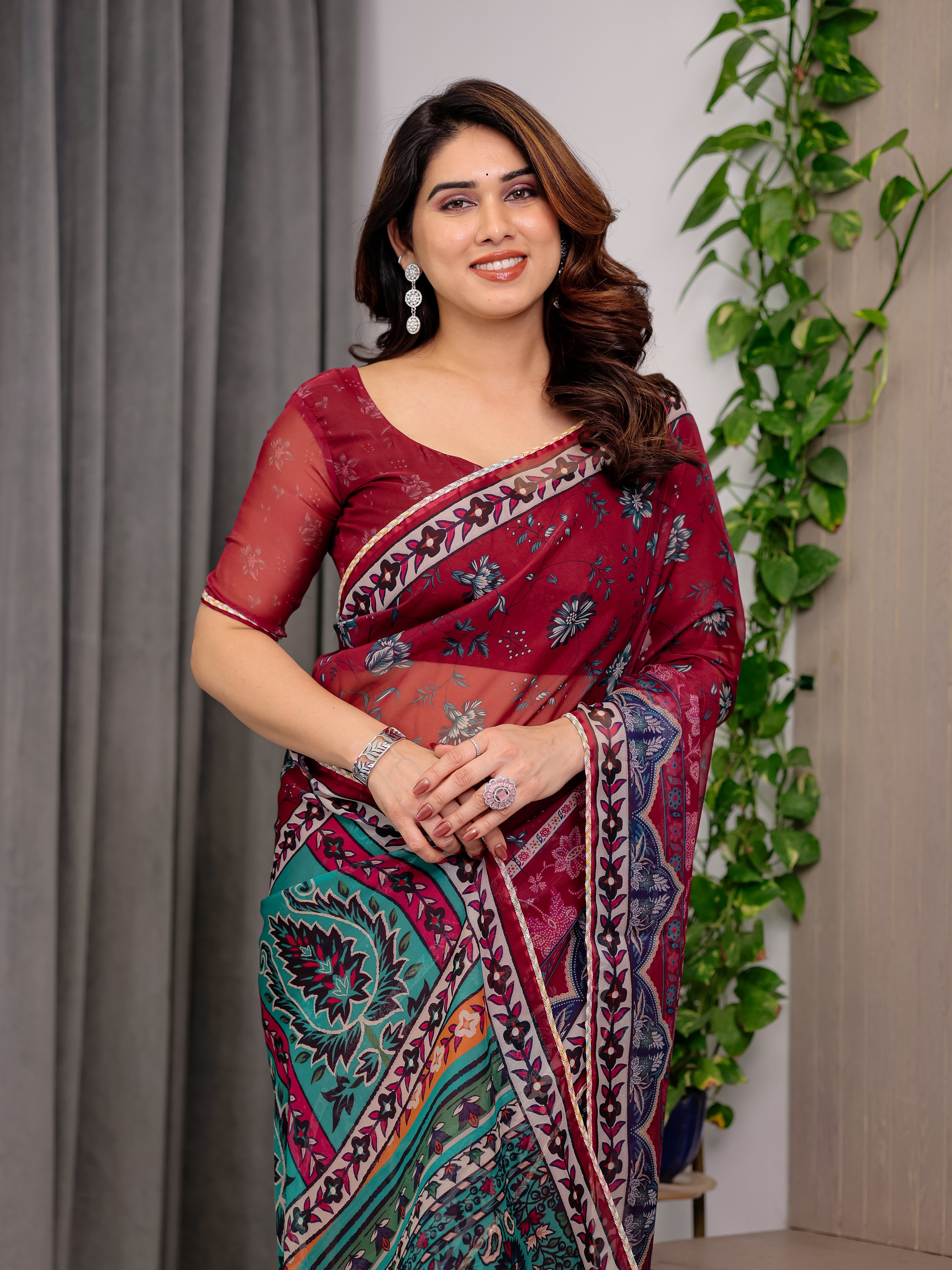 Wine Red Designer Printed Organza Saree with Multicolor Ethnic Paisley Border | Lightweight Floral Printed Party Wear Saree with Attached Blouse Piece | Festive & Wedding Wear Saree