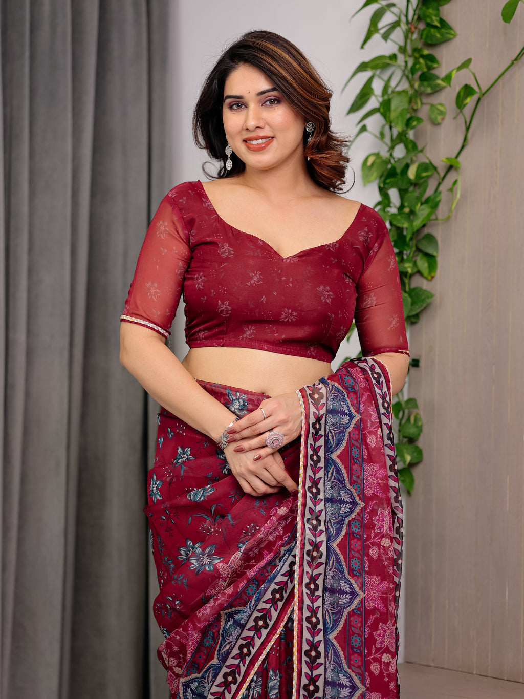 Wine Red Designer Printed Organza Saree with Multicolor Ethnic Paisley Border | Lightweight Floral Printed Party Wear Saree with Attached Blouse Piece | Festive & Wedding Wear Saree